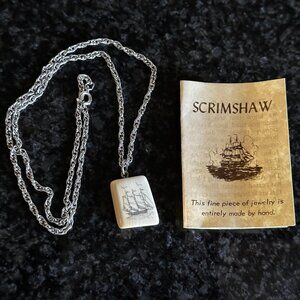 NEW Vintage Silver Scrimshaw Sailing Ship Ivory Pendant Handmade Necklace